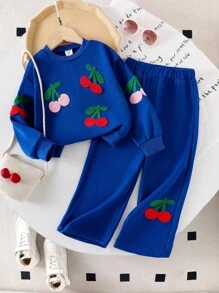 Elladie kids Girls' Blue Knitted Cherry Pattern Sweatshirt Co-Ords For A Playful And Stylish Look Fall Winter - Blue - View 2
