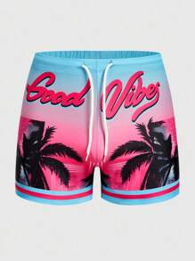 ROMWE MEN Men's Letter & Palm Tree Print Drawstring Waist Casual Swim Trunks - Multicolor - View 5
