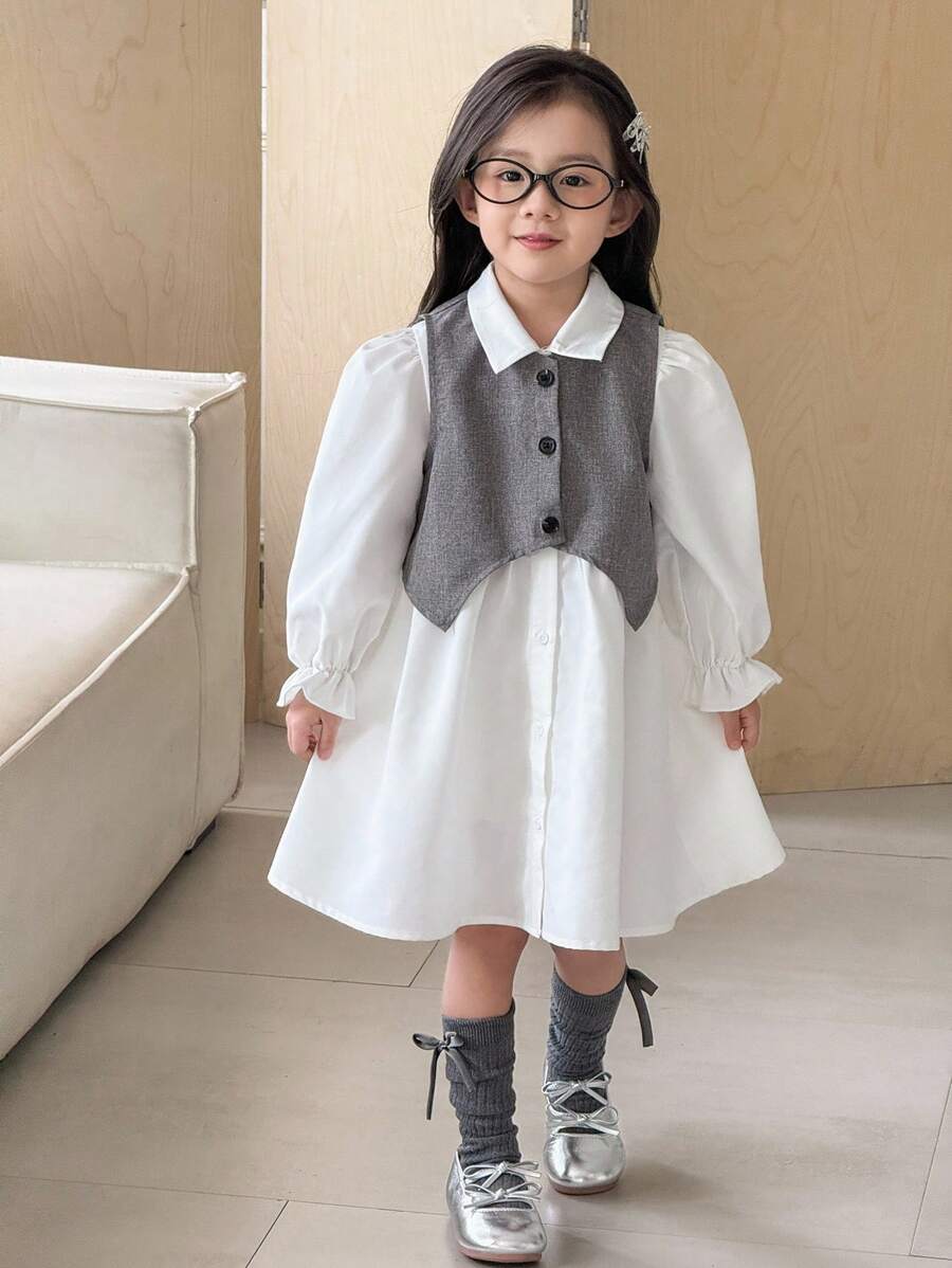 SHEIN 甜美可爱,少女感编织灰色背心和长袖棉衬衫百褶裙套装,非常适合学校、返校季、白衬衫、连衣裙套装 - 白色 - 查看 1