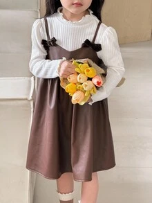 SHEIN 年轻女孩休闲优雅都市通勤学校高弹力 T 恤和吊带蝴蝶结 P 材质连衣裙两件套，适合秋季、冬季、学校、毕业典礼、日常穿着、运动、度假、旅行 - 咖啡 - 查看 3