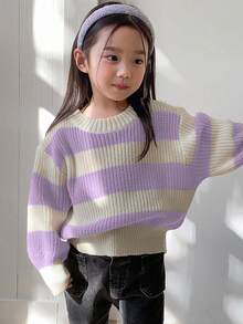 DAZY Young Girl Casual Daily Colorblock Striped Oversized Sweater, Autumn/Winter - Purple - View 3
