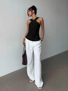 Elenzga Áo len dệt kim cổ chéo thiết kế tối giản, giản dị - màu đen - Xem 4