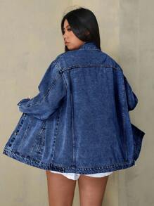 SHEIN EZwear 大码女式蓝色休闲时尚百搭单排扣牛仔夹克 - 深色水洗藍 - 查看 2