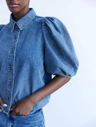 Maija Blusa jeans casual feminina azul com abotoamento simples e mangas bufantes