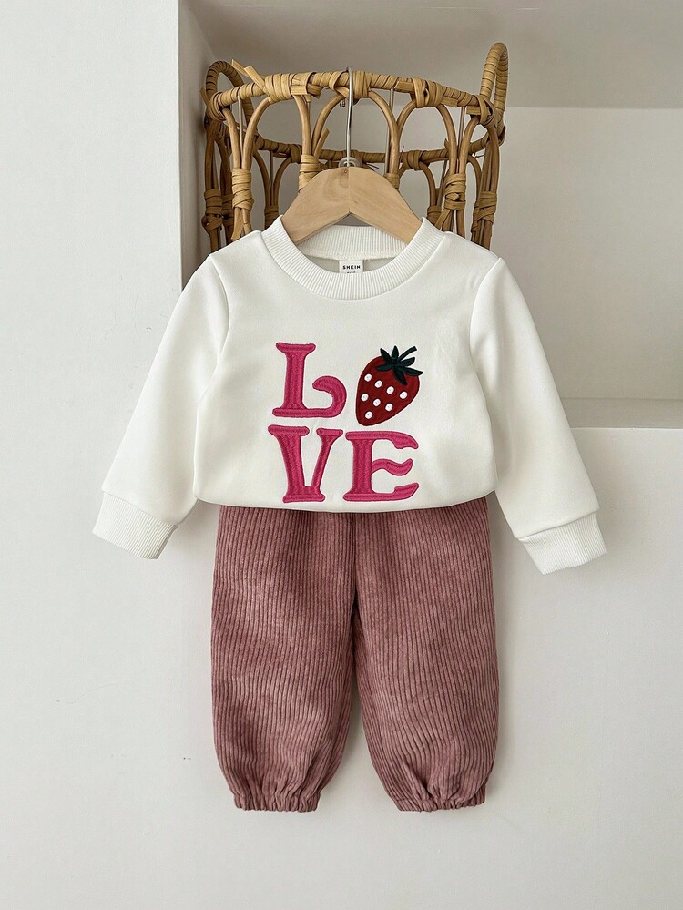 SHEIN 2pcs Baby Girls Casual Sweatshirt & Pants Set, Round Neck Long Sleeve Pullover Top, Elastic Waist Tapered Leg Pants, Fashionable Strawberry & English Letter Embroidery, Comfortable For Daily Wear, Autumn/Winter - Multicolor - View 9