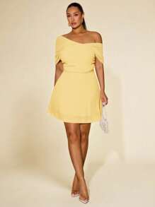 SHEIN BAE 大码女式绿色雪纺不对称网眼褶皱 A 字迷你连衣裙，春夏 - 黃色 - 查看 8