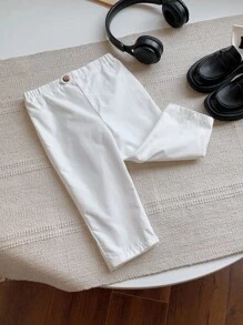 男婴白色不对称纽扣装饰松紧腰宽松绅士风裤子，适合生日派对、洗礼、1 岁生日庆祝、正式场合 - 白色 - 查看 5