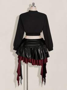 SHEIN ICON 大码翻盖口袋拉链超短款夹克（不含吊带背心） - 黑色 - 查看 2