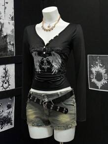 EgrlEra 女式 V 领朋克纽扣半襟印花长袖 T 恤