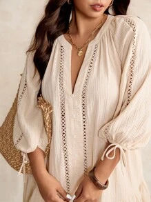 Elaquor 大码夏季简约纹理荷叶边下摆度假连衣裙