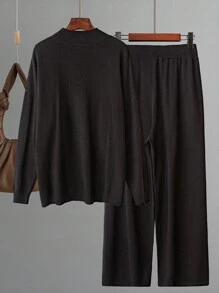 Linhara 大码女式纯色圆领长袖毛衣和阔腿裤休闲套装 - 黑色 - 查看 2
