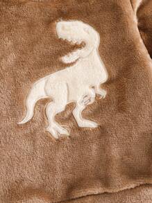 SHEIN 2 件套小男孩卡通刺绣恐龙图案圆领长袖上衣和长裤，柔软舒适双面法兰绒睡衣套装，冬季 - 卡其色 - 查看 6