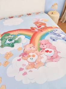SHEIN X Care Bears 3pc Cute Cartoon Bear & Rainbow Print Ruffle Trim Bedding Set,Suitable For Single Bed/Double Bed/Queen Bed/King Bed, Dormitory/Home - Blue - View 8