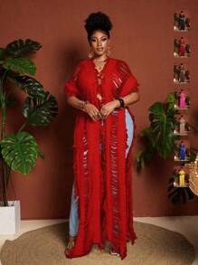 Maweii 大码女式毛衣女士时尚度假流苏镂空超长开衫白色优雅 - 紅色 - 查看 1