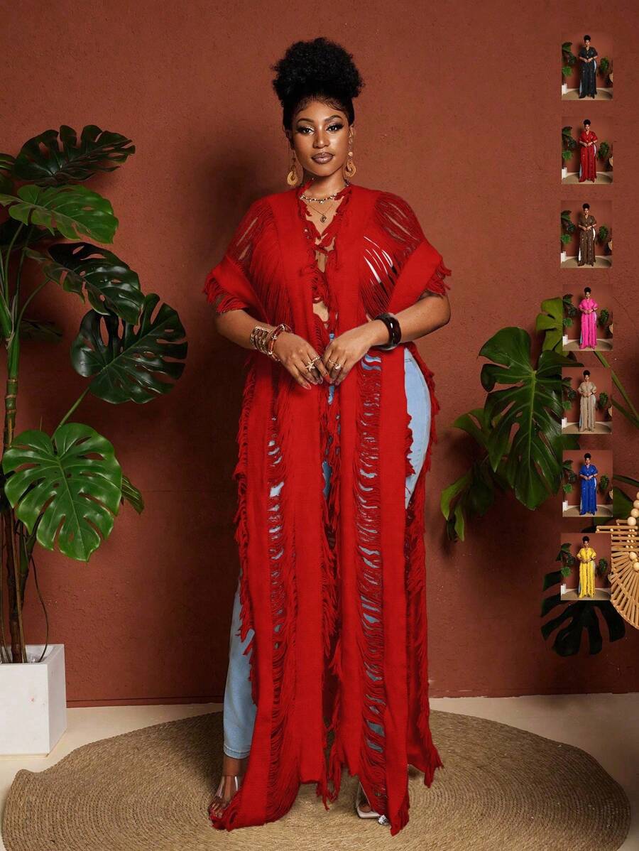 Maweii 大码女式毛衣女士时尚度假流苏镂空超长开衫白色优雅 - 紅色 - 查看 1