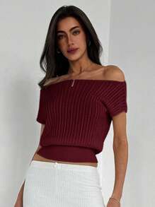 Aloruh Camiseta de mujer de punto texturizado, ajustada a la cintura, con hombros descubiertos, de estilo minimalista y elegante - Granate - Ver 4