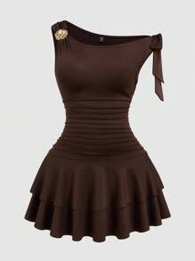 Sweetra Plus Size Women Cinched Waist Floral Embellished Asymmetric Hem Baseball Dress - Mocha Brown - View 1