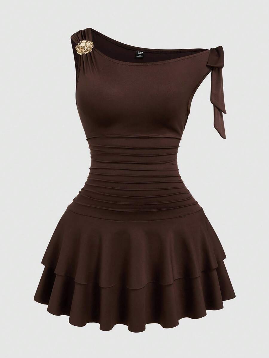Sweetra Plus Size Women Cinched Waist Floral Embellished Asymmetric Hem Baseball Dress - Mocha Brown - View 1