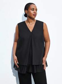 Maija 大码女式纯色V领双下摆宽松无袖休闲衬衫