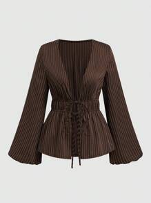 Sweetra Blusa casual, de uso diario, para ir al trabajo, para citas elegantes y relajada con mangas acampanadas, cintura ceñida, escote profundo en V y abertura lateral, a rayas en marrón y blanco, talla grande - Marrón - Ver 1