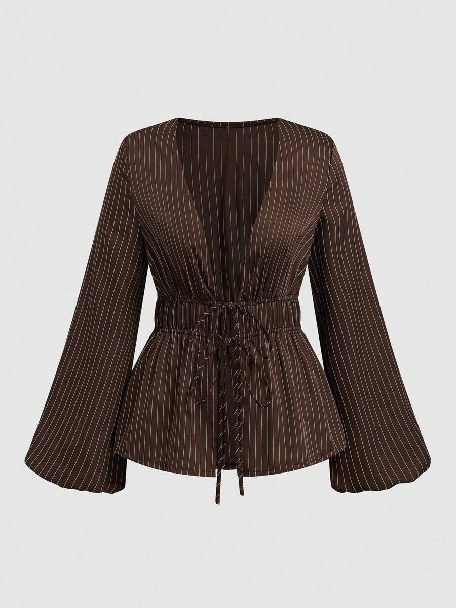 Sweetra Blusa casual, de uso diario, para ir al trabajo, para citas elegantes y relajada con mangas acampanadas, cintura ceñida, escote profundo en V y abertura lateral, a rayas en marrón y blanco, talla grande - Marrón - Ver 1