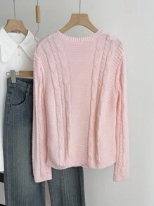 SHEIN TEENGIRL Loose Fit Crew Neck Long Sleeve Cable Knit Sweater, Casual College Style Pink Sweater For Girls Pink Sweater Tween Sweater For Tweens Teen Sweater Girls Pink Cable Knit Sweater Cropped Sweater Light Pink Sweater Aesthetic Sweater,In Fall/Winter