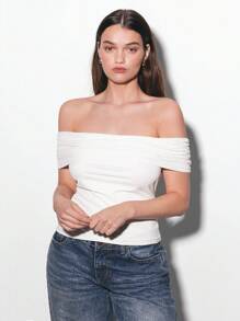 Maija 大码女式休闲基本款露肩 T 恤 - 白色 - 查看 7