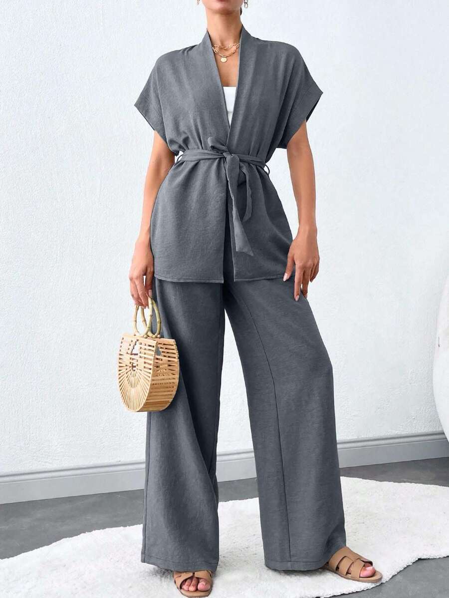 SHEIN Tall 女款 2 件套:短袖上衣與繫帶長褲,適合高個女性 - 深灰色 - 查看 1