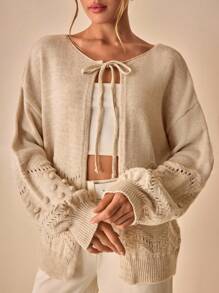 CLARA VERO Áo khoác cardigan tay phồng tua rua cỡ lớn cho nữ - Màu be - Xem 5