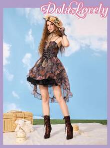 Dola Lovely 可爱性感洛丽塔风格女式缎面系带及膝靴，拉链尖头高跟保暖靴，时尚 - 棕色 - 查看 5