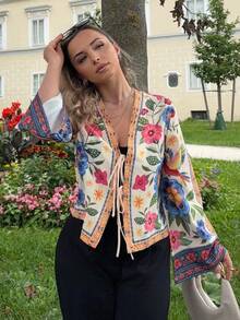 Jeta Ari Gewebtes Print, 3/4-Ärmel, vorne gebunden, lockeres, kurzes Damenhemd, Sommeroutfits für Damen, Strandkleidung, Ostern, Strandoutfits für Damen, Frühlingsferien, Urlaubsoutfits für Damen, Konzertoutfit für Damen, BOHO, Böhmen, Musikfestival, tropische Urlaubskleidung für Damen - Verschiedenfarbig - Übersicht 4