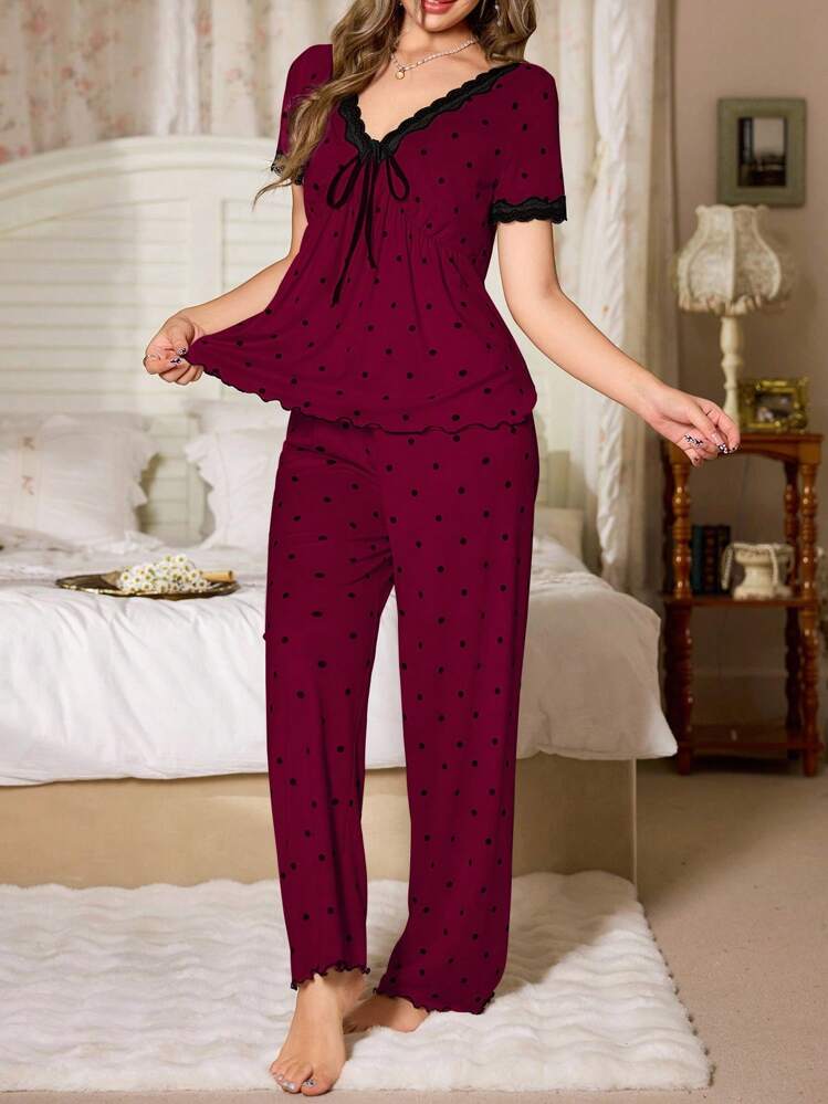 Set de pijama de 2 piezas para mujer con estampado de lunares, cuello en V con encaje y lazo, y mangas cortas - Rojo - Añade 7