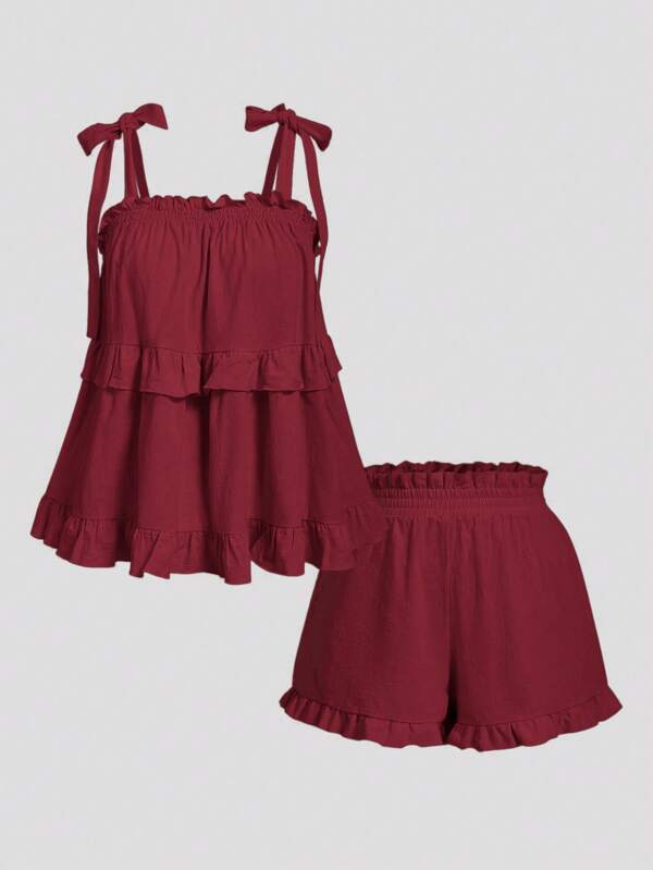 SHEIN MOD Plus Size Wine Red Cute Bowknot Blouse & Shorts Set.Halloween Outfits