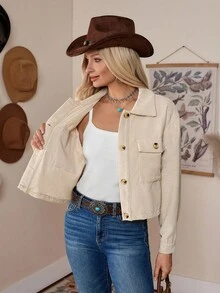 LanaWest 前扣贴袋短款夹克，女士春/秋休闲纽扣、口袋落肩领常规版型杏色纯色女士夹克，休闲日常穿着 - 杏色 - 查看 4