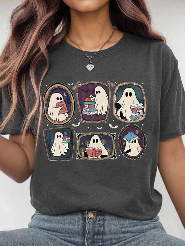 EMERY ROSE Halloween Themed Plus Size Graphic T-Shirt, Casual And Comfortable Round Neck T-Shirt, Halloween T-Shirt, Suitable For Summer