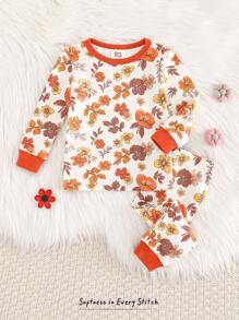 Cozy Pixies Baby Mädchen Ditsy Blumen Strick Weicher Rundhals Langarm Top und Leggings mit Elastischer Taille 2-teiliges Kuschel Pyjama Set