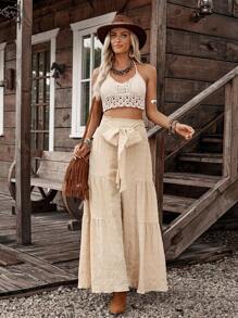 LanaWest 女式宽松纹理面料前部细节后部抽绳设计裤子，卡其色 - 卡其色 - 查看 5