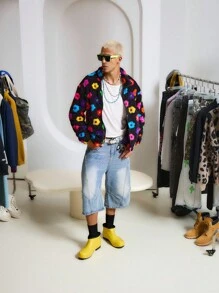 STEELVANCE 男士休闲花卉印花夹克，秋冬，2000 年代风格，秋季 - 黑色 - 查看 3