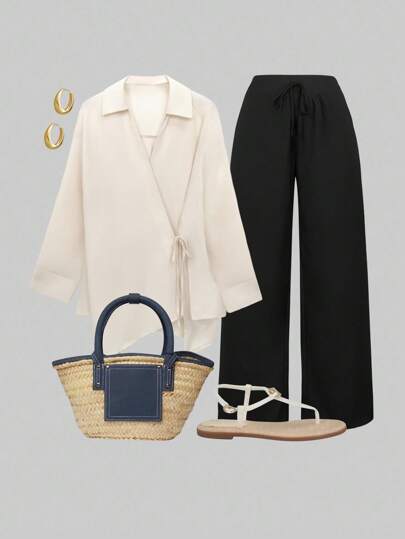 SHEIN LUNE 2 Pieces Plus Size Solid Color Long Sleeve Drawstring Minimalist Top And Pants Set