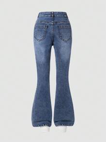 Tween Girl Denim Flare Jeans,High-Waisted Blue Flare Leg Pants With Embroidered Star Pattern,Casual Streetwear For School,Summer Campus Wear,Stretch - Dark Wash - View 2