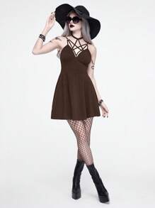 ROMWE Goth 夏季女式哥特式性感纯色迷你连衣裙 - 咖啡棕 - 查看 6
