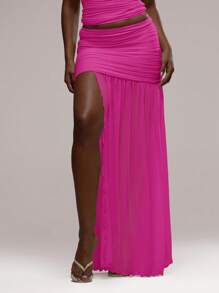 MUSERA 褶皱垂褶极开衩半身裙，仅限伊比沙岛性感度假夏季节日沙滩装，浪漫优雅，适合生日、婚礼宾客、婚宴和复活节 - 玫紅色 - 查看 2