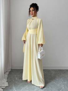 Selianne 女士优雅休闲中长连衣裙，法式浪漫西西里风格，纯色柔和黄色，立领，褶袖，腰带，松紧后腰，仿金属装饰，适合通勤、度假、下午茶、派对 - 淡黃色 - 查看 7