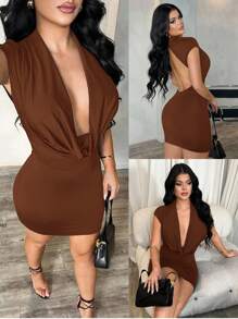 SHEIN SXY Váy ngắn ôm sát hở lưng cổ xếp nếp màu đen gợi cảm dành cho nữ, mùa hè - màu nâu - Xem 6