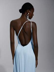 SHEIN Belle Elegant, Romantic, Sexy, Minimalist, Light Yellow, Satin, Stretchy, Backless, Ruffle Hem, Bodycon, High Slit, Fashionable, Influencer Style, Suitable For Holidays, Vacation, Birthday Party, Wedding, Bridesmaid Dress - Baby Blue - View 3