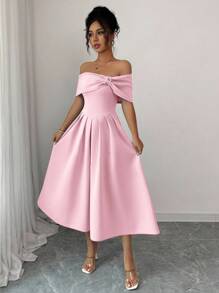 Selianne Đầm midi xòe tay ngắn hở vai đính đá thời trang dành cho nữ - Hồng - Xem 3