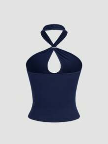 Sweetra 性感露背纯色金属装饰修身短款上衣，时尚别致 - 藏蓝色 - 查看 2