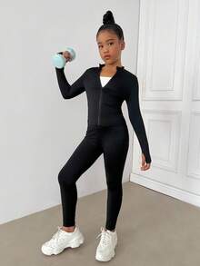 SHEIN 青少年女孩黑色立领拉链针织运动服套装（含紧身裤）、运动套装、运动休闲套装、慢跑套装