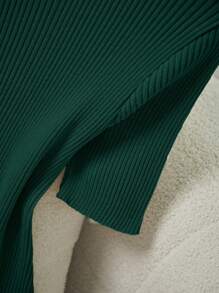 Franclia Đầm dệt kim cổ tròn tay ngắn xẻ tà trang trí thanh lịch dành cho nữ, quần áo len dệt kim mùa hè cho trường đại học - Màu xanh lá cây đậm - Xem 3