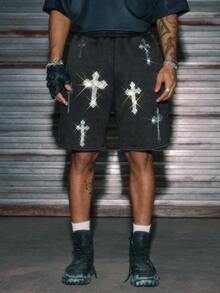 AXEPEAK Men's Elastic Waist Rhinestone Cross Pattern Pocket Loose Shorts - Black - View 5